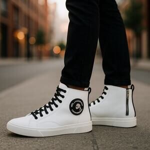 Karl Lagerfeld Shoes Sneakers Mens 11 White Double-Zip Logo Leather Hi-Top NIB